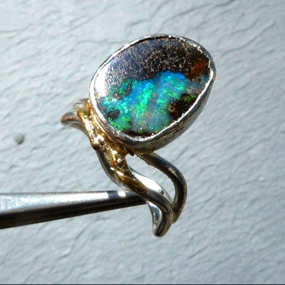 SALE!!Beautiful Boulder Opal Sterling Silver and 24K Gold Ring, Reduced!